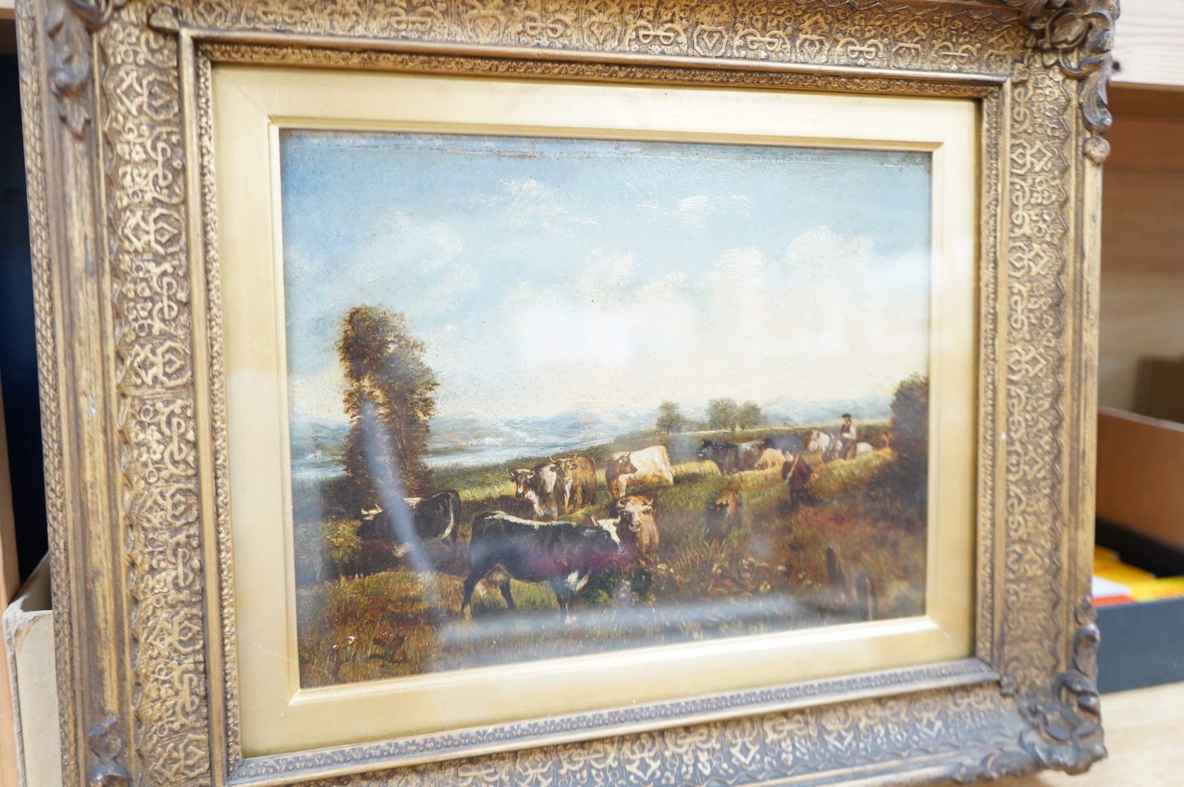 Manner of Thomas Sidney Cooper (1803-1902), Herding cattle, oil on board, 20 x 26cm, ornate gilt frame